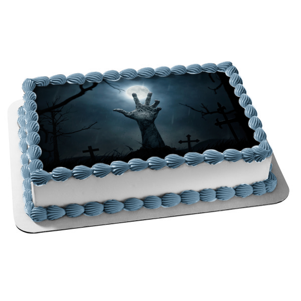 Zombie Graveyard Halloween Full Moon Edible Cake Topper Image ABPID50358