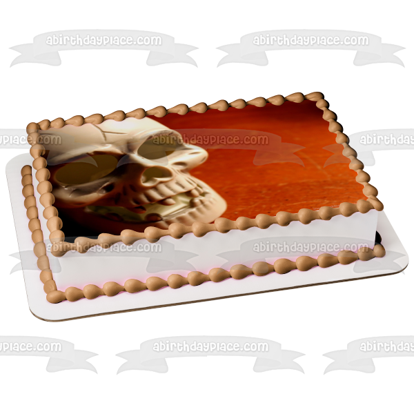 Imagen comestible para decoración de tarta con fondo rojo de calavera de Halloween ABPID50362 