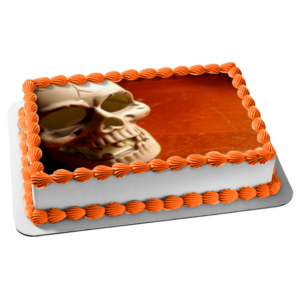 Imagen comestible para decoración de tarta con fondo rojo de calavera de Halloween ABPID50362 