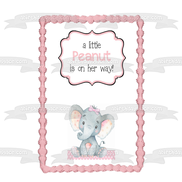 ¡Un pequeño maní está en camino! Adorno comestible para tarta de baby shower con elefante, imagen ABPID50364 