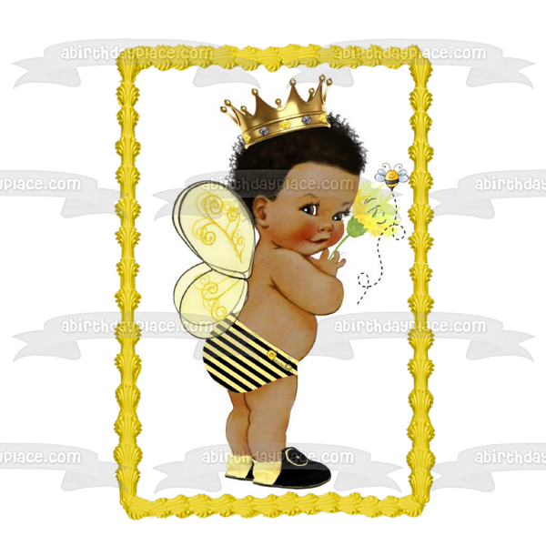 Imagen comestible para tarta con diseño de príncipe afroamericano, baby shower, abeja, reina, abeja, ABPID50367 