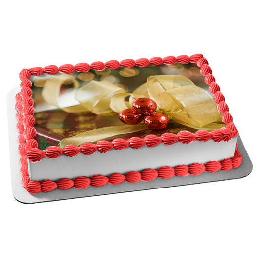 Adorno comestible para tarta con cinta dorada, regalo de Navidad, imagen ABPID50586 