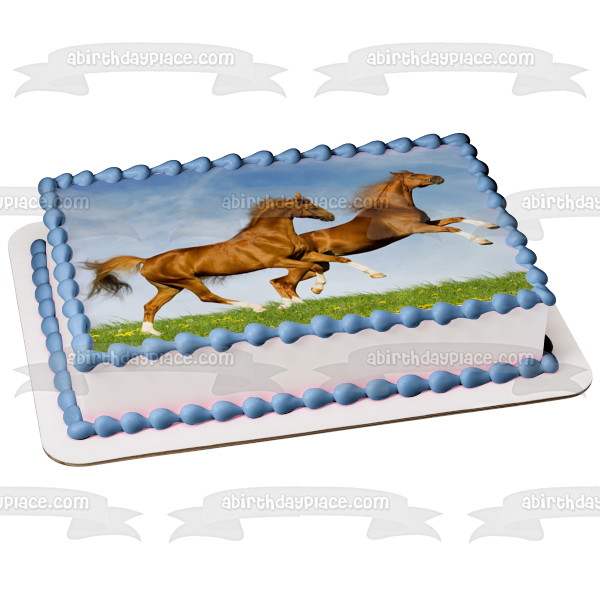 Imagen de decoración comestible para tarta con caballos encabritados y caballos marrones ABPID50396 