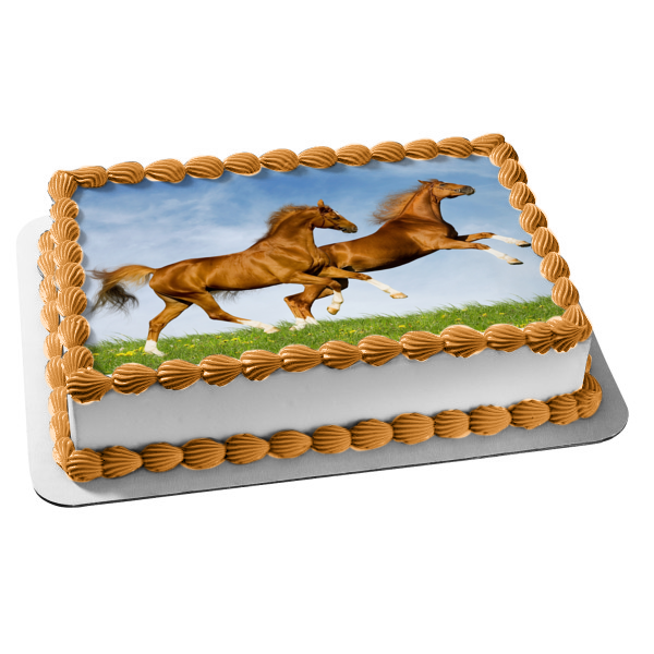 Imagen de decoración comestible para tarta con caballos encabritados y caballos marrones ABPID50396 