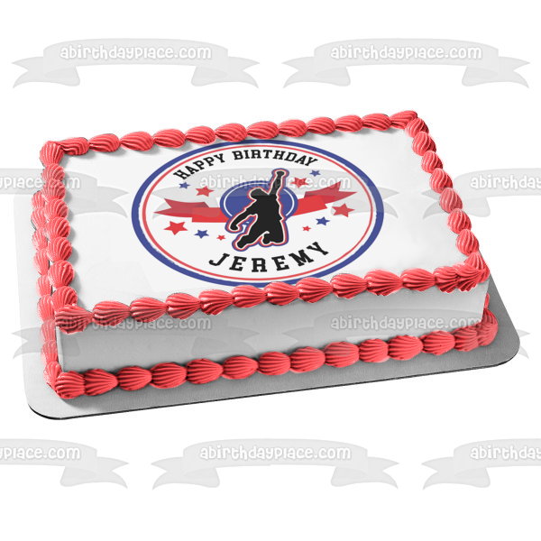 American Ninja Warrior Red White Blue Jumping Figure Stars Border Round Edible Cake Topper Image ABPID50706