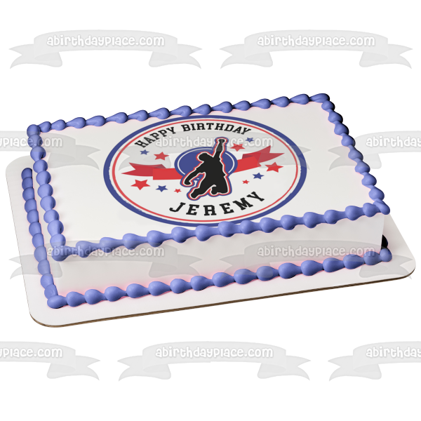 American Ninja Warrior Red White Blue Jumping Figure Stars Border Round Edible Cake Topper Image ABPID50706