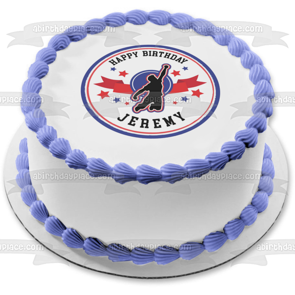 American Ninja Warrior Red White Blue Jumping Figure Stars Border Round Edible Cake Topper Image ABPID50706