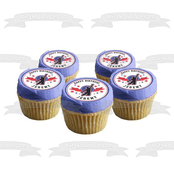 American Ninja Warrior Red White Blue Jumping Figure Stars Border Round Edible Cake Topper Image ABPID50706