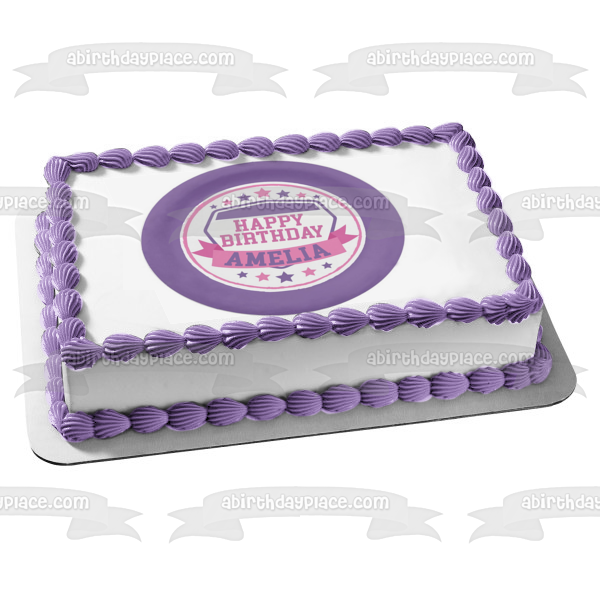 American Ninja Warrior Pink Purple White Stars Banner Round Edible Cake Topper Image ABPID50708