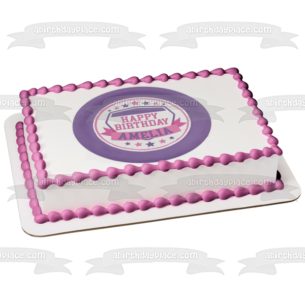 American Ninja Warrior Pink Purple White Stars Banner Round Edible Cake Topper Image ABPID50708