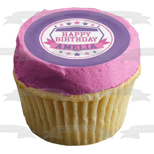 American Ninja Warrior Pink Purple White Stars Banner Round Edible Cake Topper Image ABPID50708