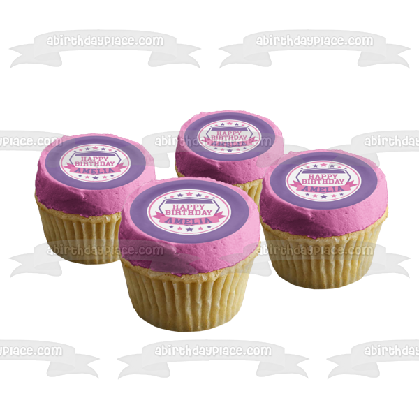 American Ninja Warrior Pink Purple White Stars Banner Round Edible Cake Topper Image ABPID50708