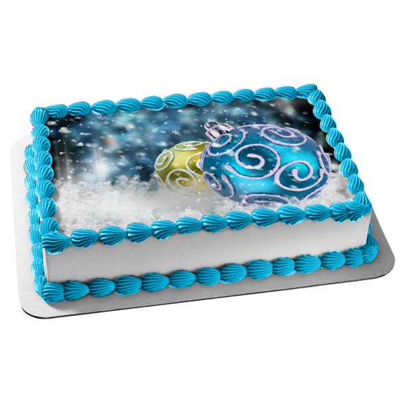 Adorno navideño de bola azul y amarilla con nieve, adorno comestible para tarta, imagen ABPID50599 