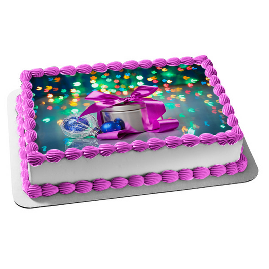 Lata de regalo de Navidad con adorno comestible para tarta con lazo morado Imagen ABPID50610 