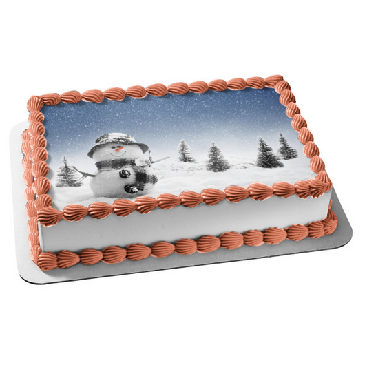 Adorno comestible para tarta con diseño de hombre de nieve, sombrero negro, bufanda, árboles, imagen ABPID50611 