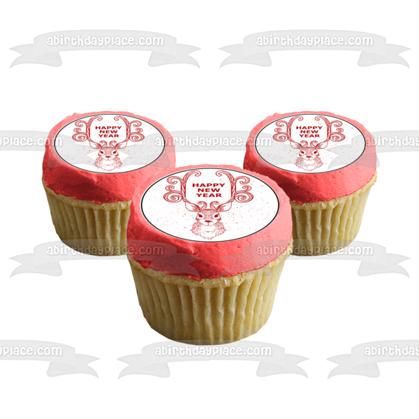 Happy New Year Deer Red Festive Holiday Edible Cupcake Topper Images ABPID50752