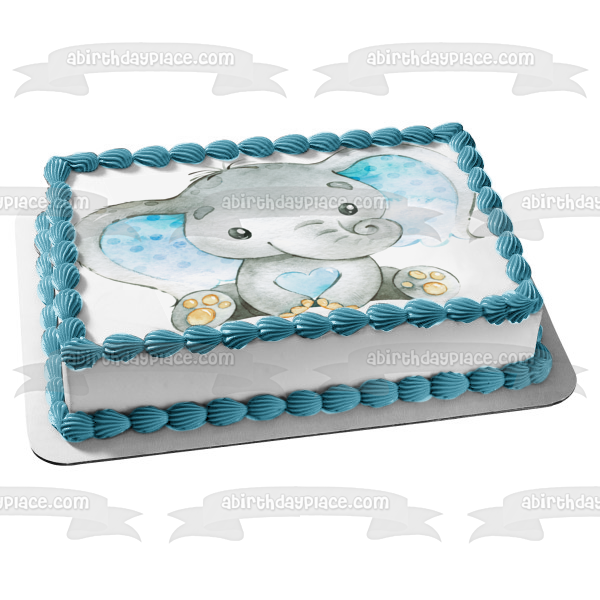 Adorno comestible para tarta con diseño de elefante azul y corazón, imagen ABPID50664 