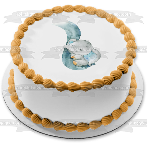 Baby Boy Blue Elephant with Mama Elephant Trunk Edible Cake Topper Image ABPID50665