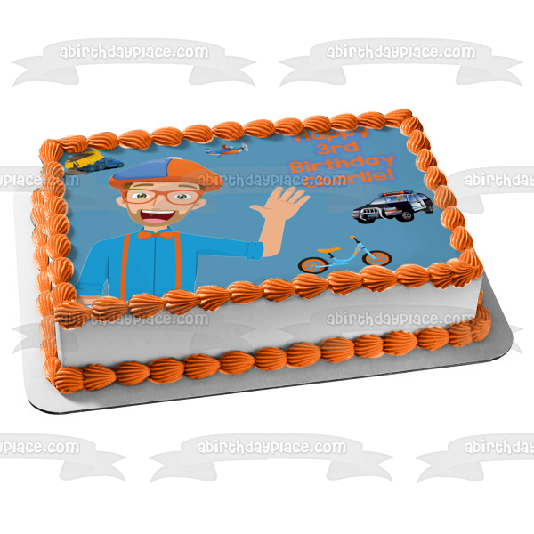 Blippi Youtube Youtuber Transporte Avión Volquete Coche De Policía Bicicleta Personalizada Comestible Cake Topper Imagen ABPID50826 