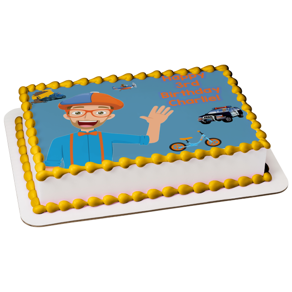 Blippi Youtube Youtuber Transporte Avión Volquete Coche De Policía Bicicleta Personalizada Comestible Cake Topper Imagen ABPID50826 