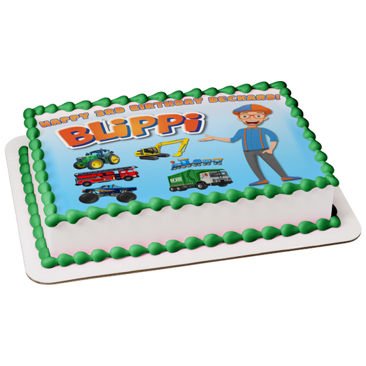 Blippi Youtube Youtuber Transporte Tractor Excavadora Camión De Bomberos Tren Monster Truck Camión De Basura Edible Cake Topper Imagen ABPID50827 