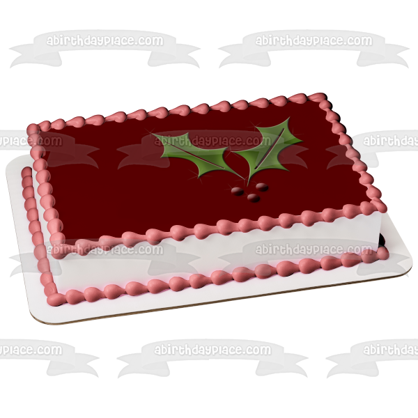 Imagen de adorno comestible para pastel con fondo burdeos de acebo navideño ABPID50689 