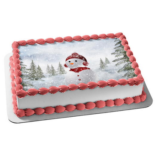 Adorno comestible para tarta con sombrero de orejeras rojas de muñeco de nieve navideño Imagen ABPID50692 