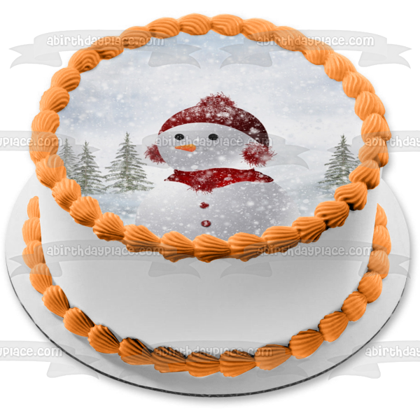 Adorno comestible para tarta con sombrero de orejeras rojas de muñeco de nieve navideño Imagen ABPID50692 