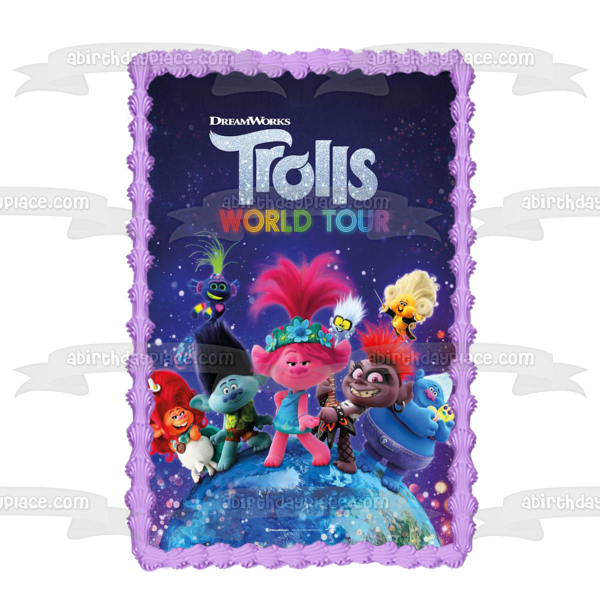 DreamWorks Trolls World Tour Póster de la película Poppy Branch Thrash Queen Essence Queen Barb King Trollex Imagen comestible para decoración de tartas ABPID51063 