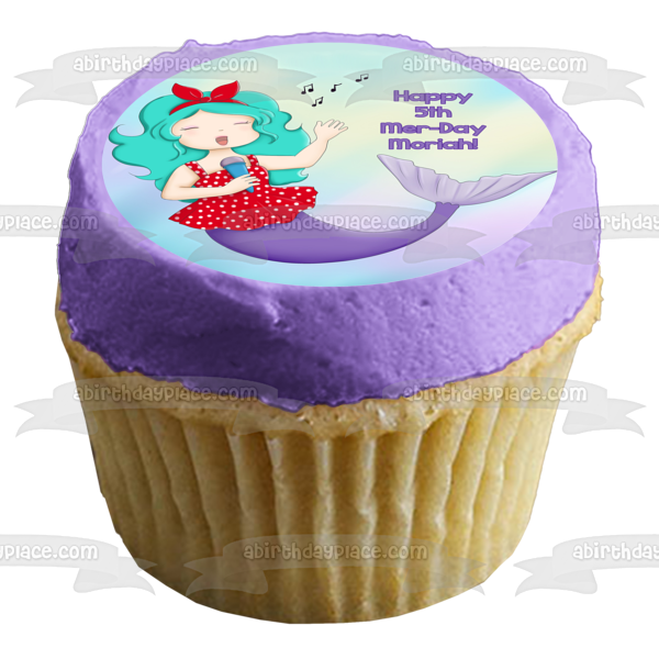 Sirena cantando feliz 5º cumpleaños del día de Mer, nombre personalizado, decoración comestible para tarta, imagen ABPID51077 