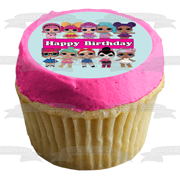 LOL Surprise Feliz cumpleaños Maestra mascota Splash Queen Sugar Spice Glitter Queen Sugar Queen Genie Shorty Purple Queen Edible Cake Topper Imagen ABPID50956 