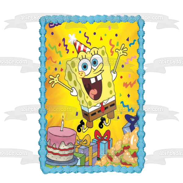 SpongeBob SquarePants Happy Birthday Cake Presents Crabby Patties Edible Cake Topper Image ABPID51127