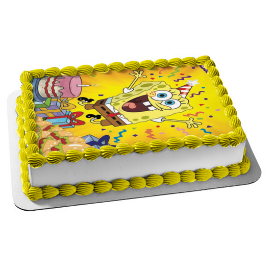 Pastel de feliz cumpleaños de Bob Esponja presenta hamburguesas de cangrejo, decoración comestible para tarta, imagen ABPID51127 