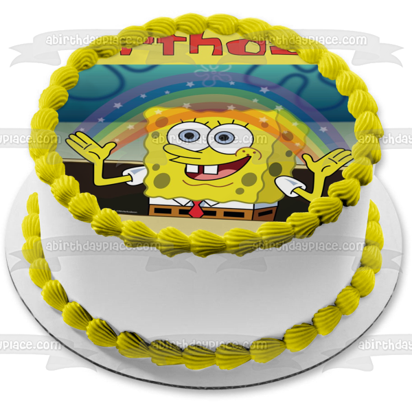 SpongeBob SquarePants Rainbow Happy Birthday Add Personalized Name Edible Cake Topper Image ABPID51134