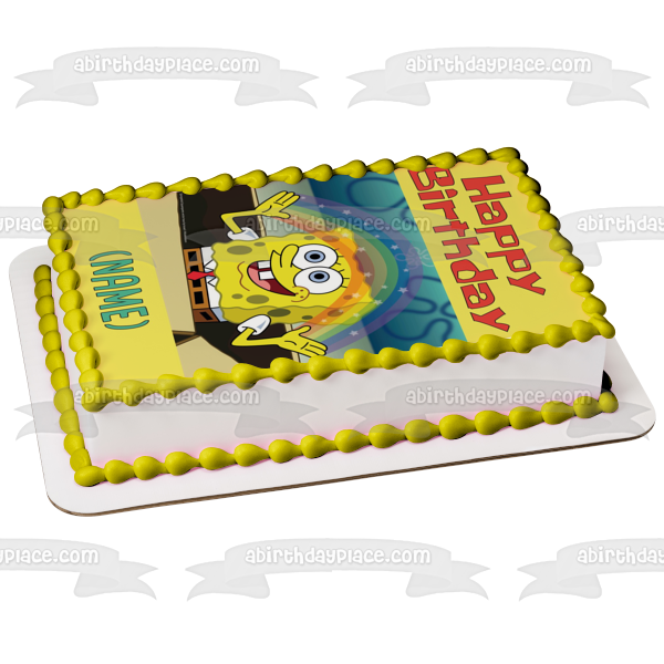 SpongeBob SquarePants Rainbow Happy Birthday Add Personalized Name Edible Cake Topper Image ABPID51134