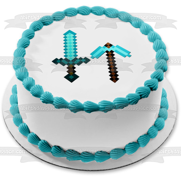 Decoración comestible para tarta con espada y pico de diamante azul de Minecraft, imagen ABPID51173 