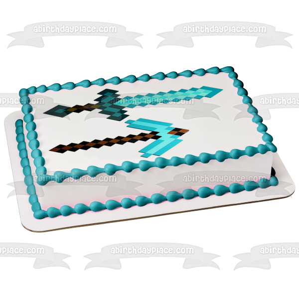 Decoración comestible para tarta con espada y pico de diamante azul de Minecraft, imagen ABPID51173 