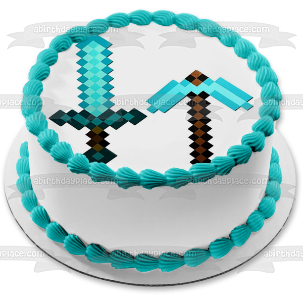 Decoración comestible para tarta con espada y pico de diamante azul de Minecraft, imagen ABPID51173 