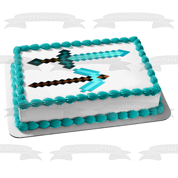 Decoración comestible para tarta con espada y pico de diamante azul de Minecraft, imagen ABPID51173 