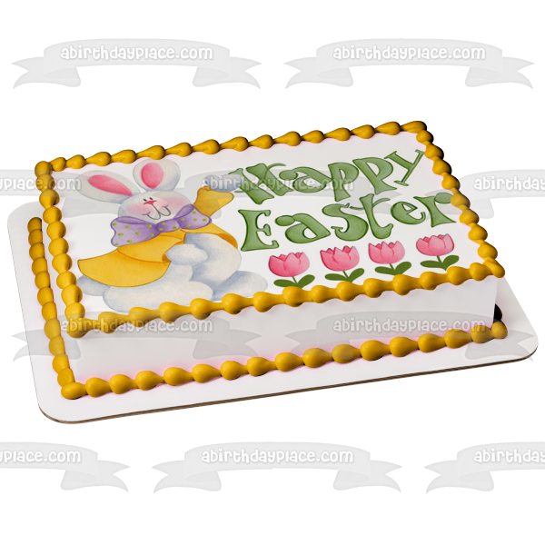 Feliz Pascua Tulipanes rosados ​​Conejito de Pascua Imagen comestible para pastel ABPID51211 