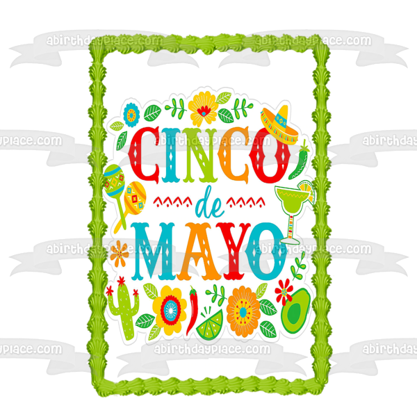 Imagen comestible para decoración de tarta con diseño de cactus y maracas del Cinco de Mayo ABPID51364 