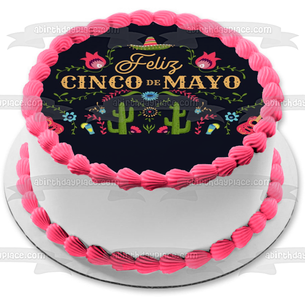 Feliz Cinco De Mayo Sombrero Guitarras Cactus Edible Cake Topper Imagen ABPID51365 