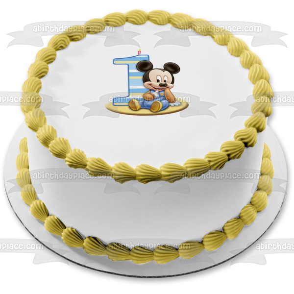 Baby Mickey Mouse 1st Birthday Candle Edible Cake Topper Image ABPID51271