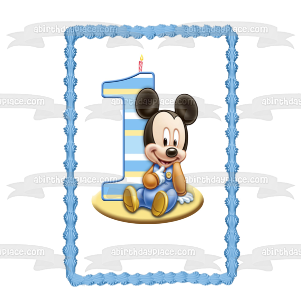 Baby Mickey Mouse 1st Birthday Candle Edible Cake Topper Image ABPID51271