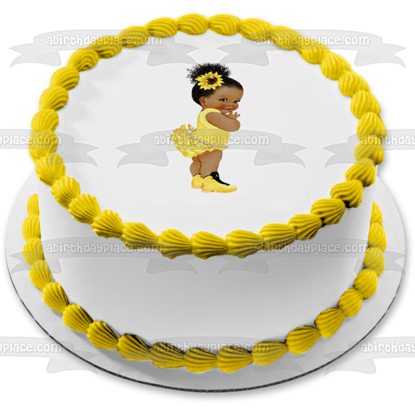 African American Baby Girl Girasol Amarillo Tutu Jordan Zapatillas Edible Cake Topper Imagen ABPID51460 