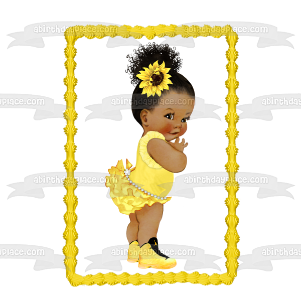 African American Baby Girl Girasol Amarillo Tutu Jordan Zapatillas Edible Cake Topper Imagen ABPID51460 