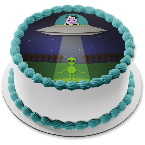 Alien and Cow Ufo Edible Cake Topper Image ABPID51756