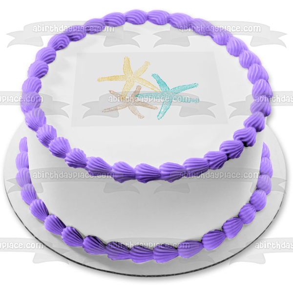 Imagen de decoración comestible para tarta con diseño de estrella de mar y vida oceánica colorida ABPID52045 