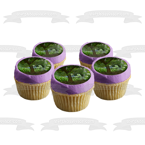 Adorno comestible para tarta con flores y árboles de color morado, imagen ABPID52565 