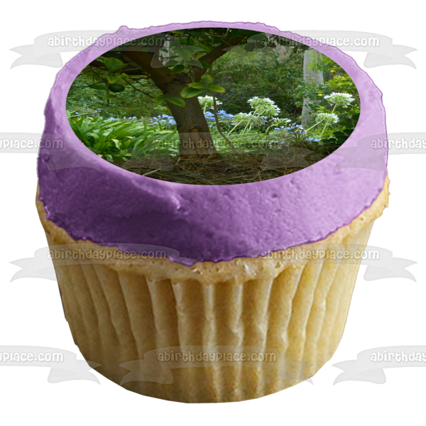 Adorno comestible para tarta con flores y árboles de color morado, imagen ABPID52565 